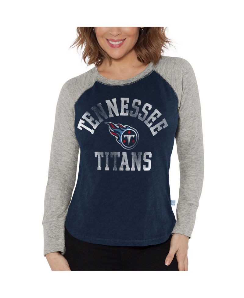 Women's Navy, Heather Gray Distressed Tennessee Titans Waffle Knit Raglan Long Sleeve T-shirt