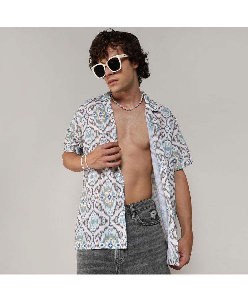 Men's Ivory White & Sage Green Ikkat Shirt