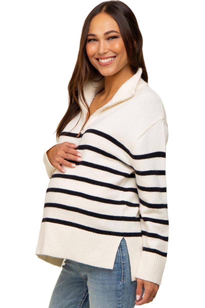 Women's Ivory Striped Half Zip Sweater