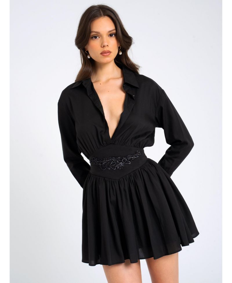 Women's Jamila Black Shirt Mini Dress with Embroidered Waist Detail