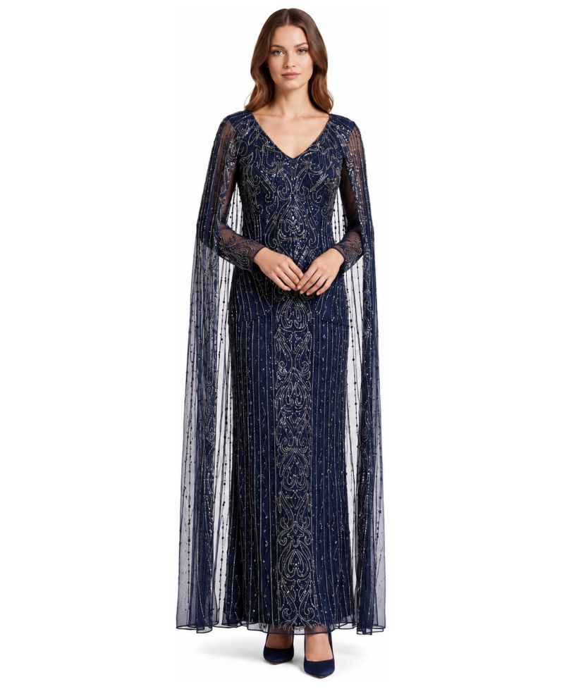 Women's V-Neck Beaded Long Cape Gown