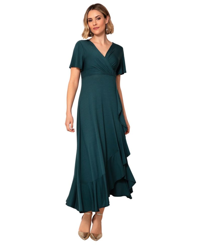 Petite Waterfall Ruffle Wrap V-Neck Short-Sleeve Midi Dress
