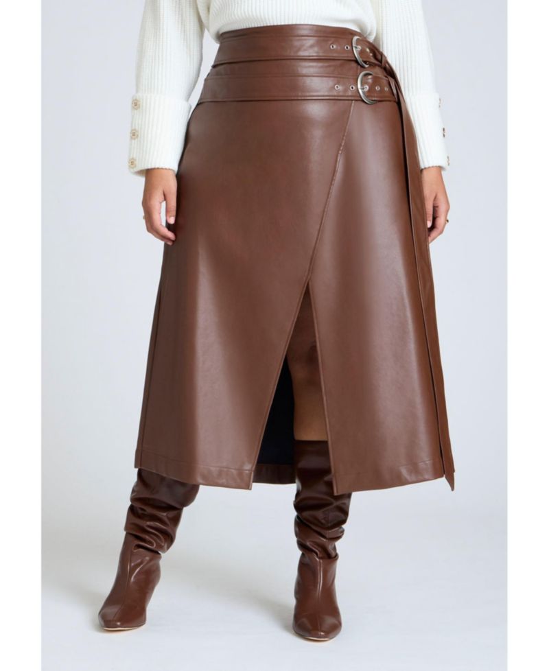 Women's Double Belt Wrap Faux Leather Skirt