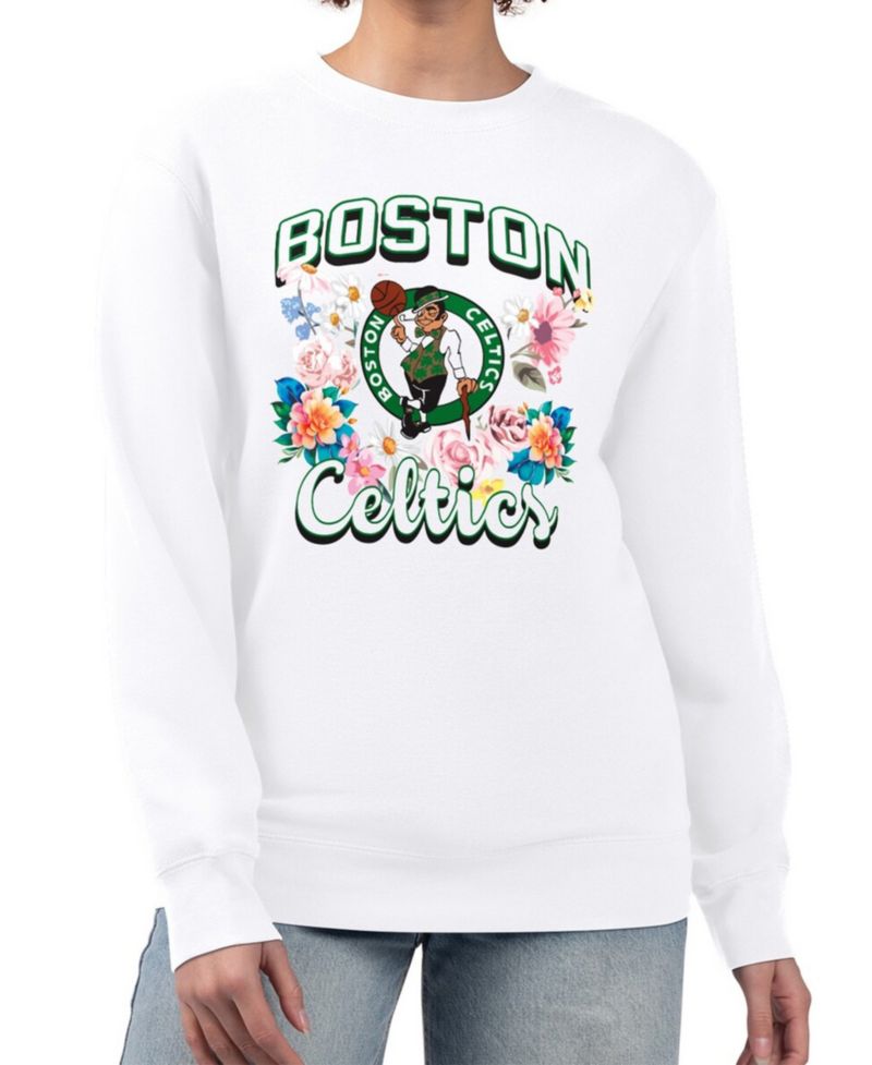 Women's White Boston Celtics Flowers Team Logo Graphic Fleece Crewneck Pullover Sweatshirt