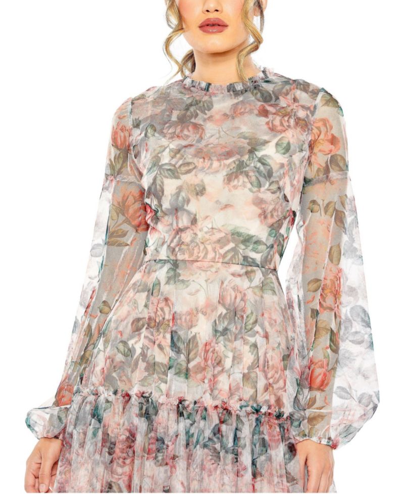 Women's Long Sleeve High Neck Long Balloon Sleeve Midi Dress