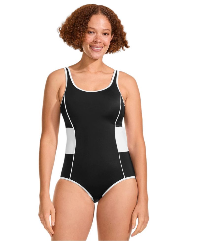 Women's Long Torso Tugless Scoop Neck Colorblock Low Leg One Piece