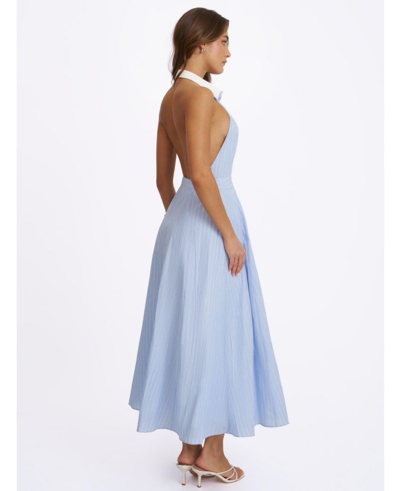 Women Winslet Sky Blue Striped Cotton Poplin Halter Maxi Dress