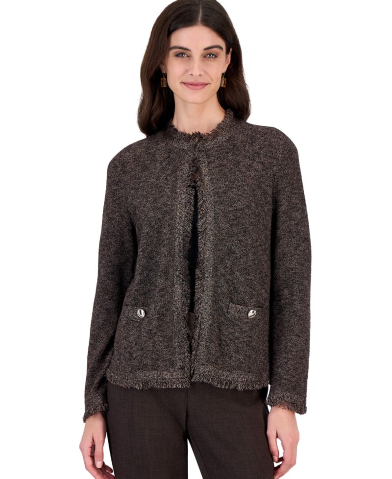 Petite Fringe Kissing Front Metallic Fitted Cardigan