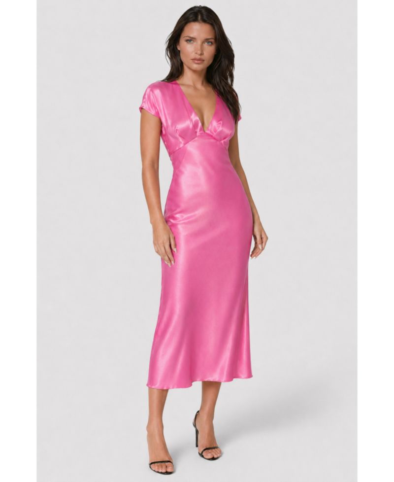 Women's Satin V-Neck Cap-Sleeve Maxi Dress