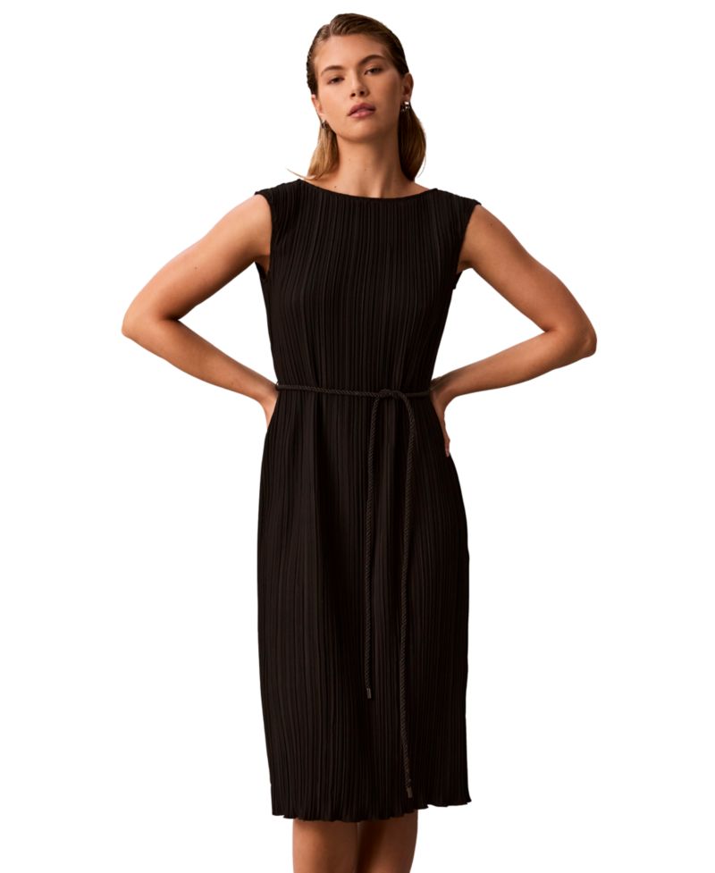 Women's Belted Pleated Boat Neck Midi Dress