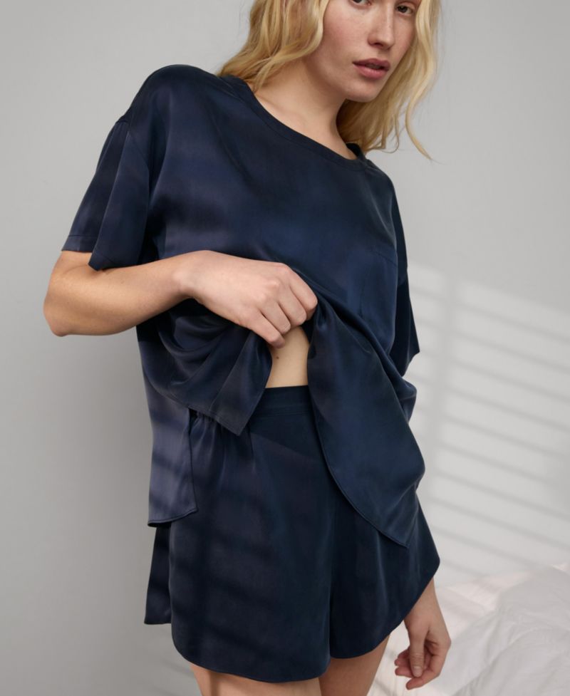 Women's Washable Silk Short-Sleeve Oversized Tee and Shorts, 2-Piece Set