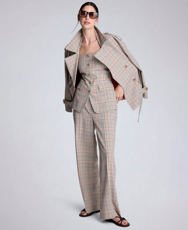 Women's Glen Plaid Button Front Drop Waist Belted Trench Jacket