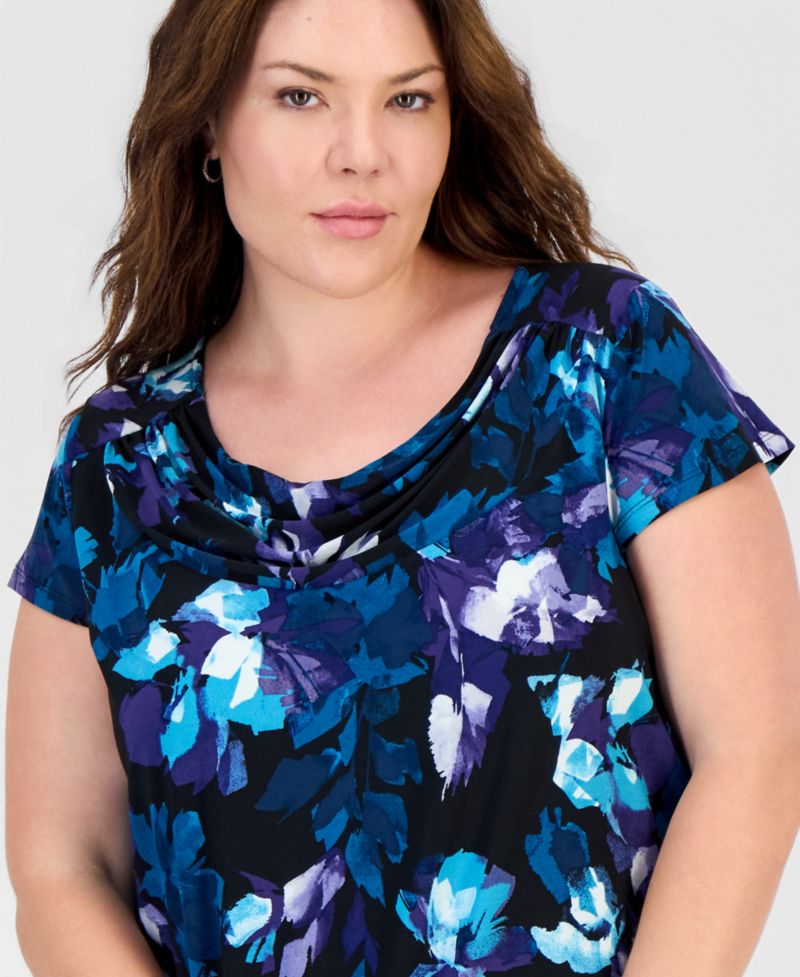 Plus Size Floral-Print Cowl-Neck Cap-Sleeve Blouse