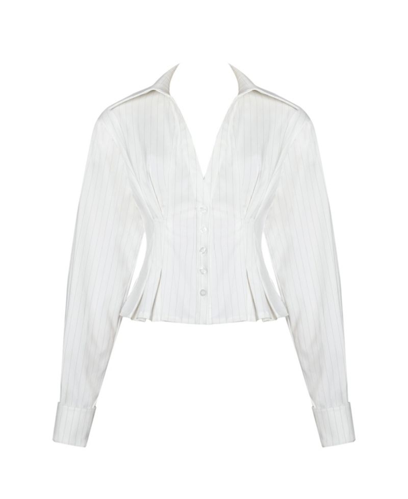 Women Sylvia White Pinstripe Deep V Pleated Shirt