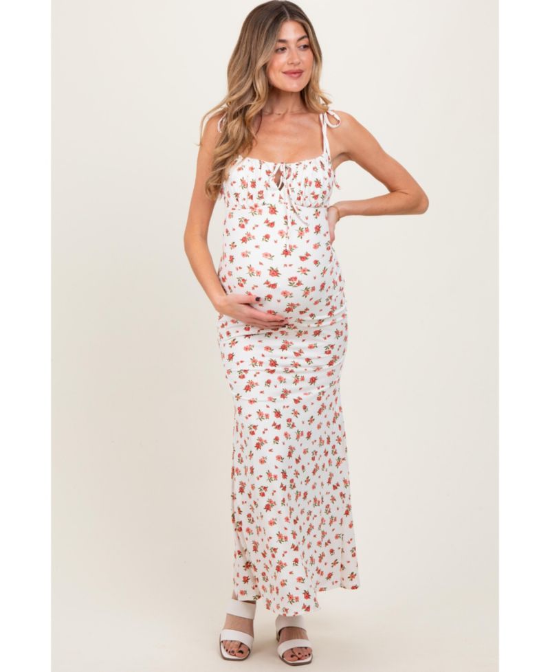 Women's Ribbed Floral Shoulder Tie Maxi Dress