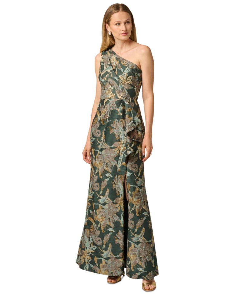 Petite Floral-Jacquard One-Shoulder Gown