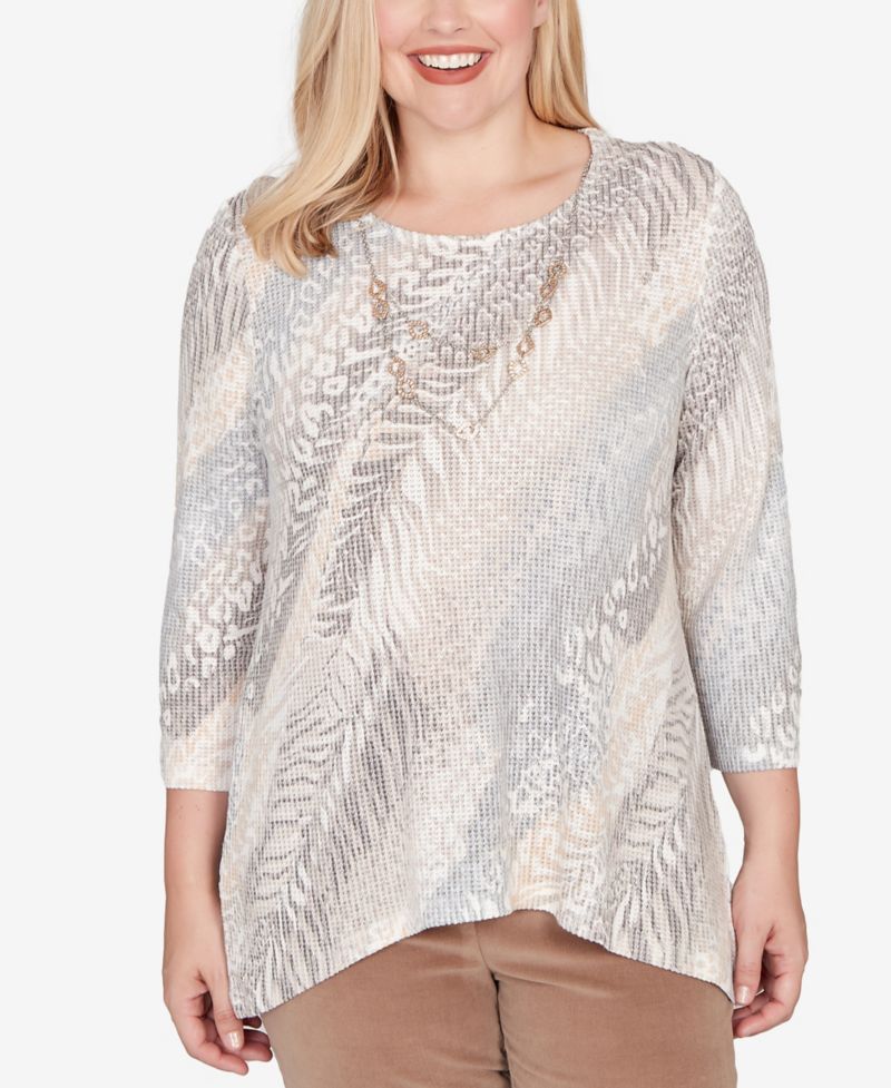 Petite Vienna Diagonal Animal Print Top with Necklace