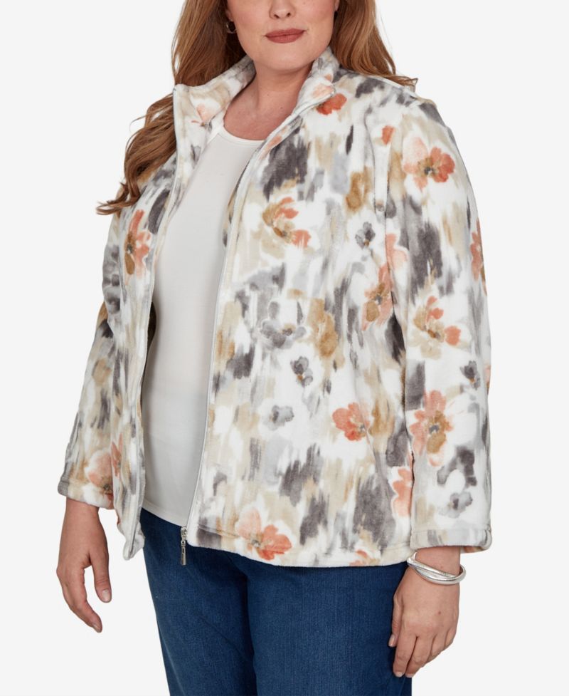Plus Size Watercolor-Floral Cozy-Fleece Zip Jacket