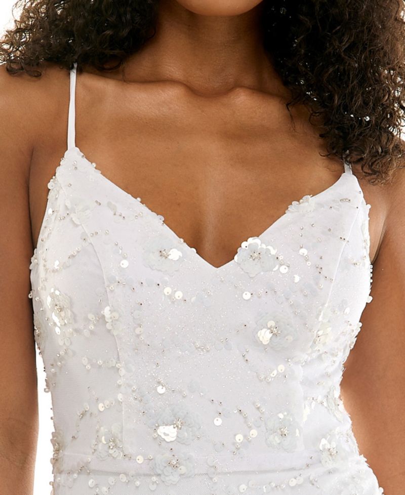Juniors' Floral-Beaded Bodycon V-Neck Mini Dress