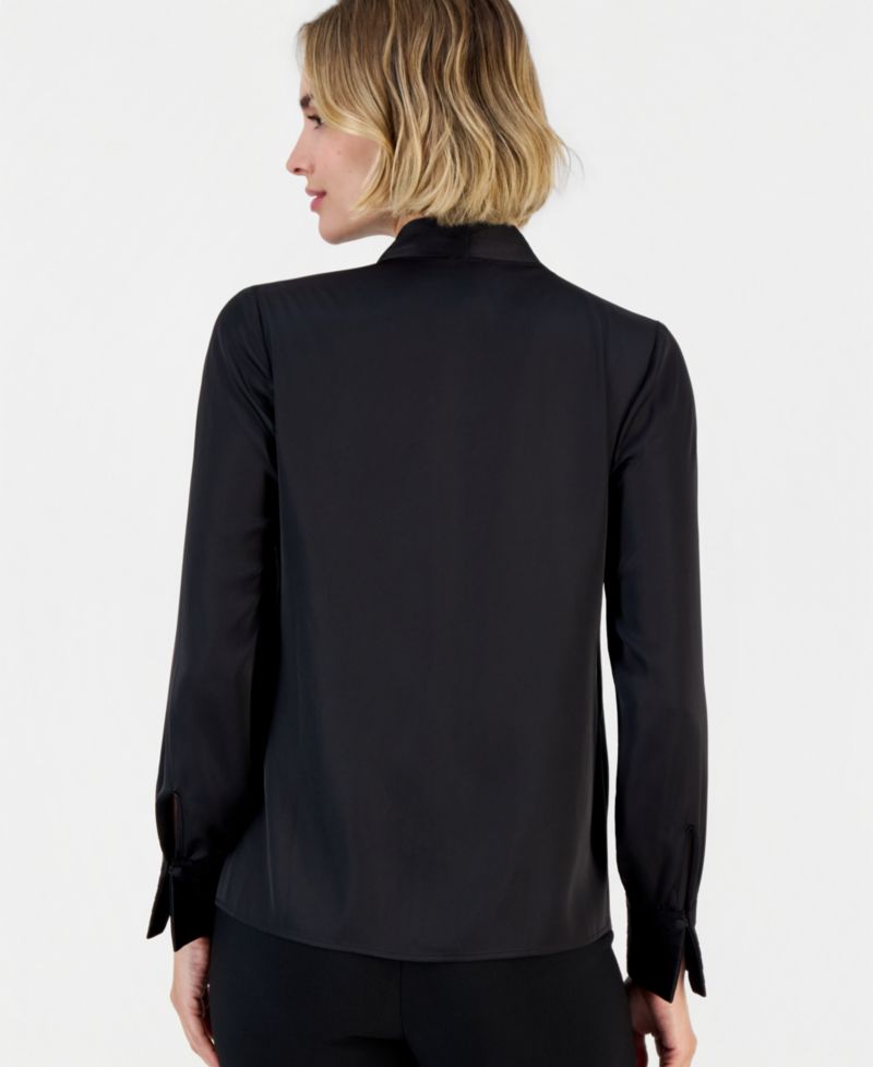 Women's Satin Pleated-Cuff Button-Front Blouse
