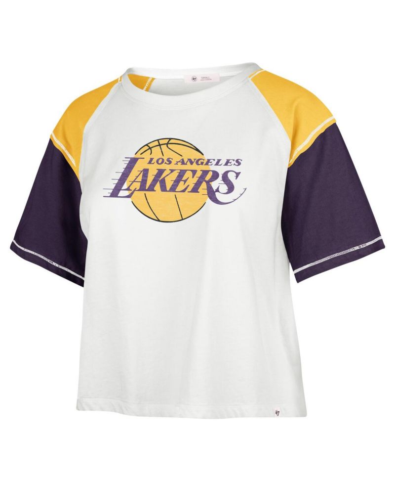 Women's Cream Distressed Los Angeles Lakers Premier Raglan Cropped T-shirt