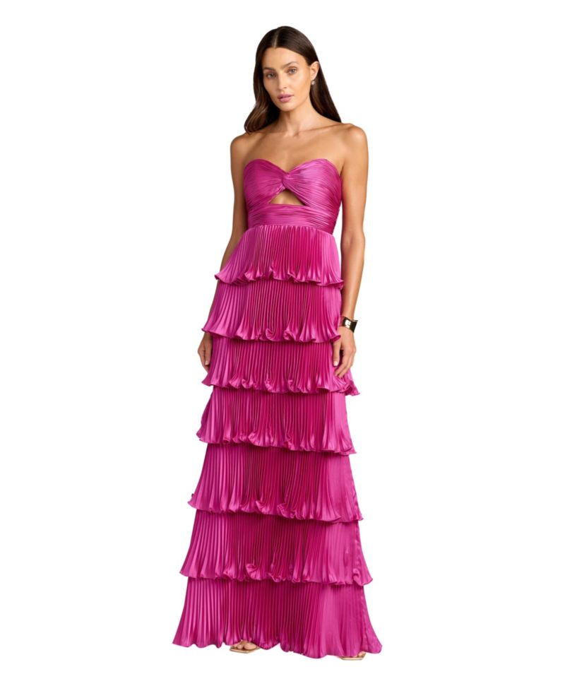 Women's Pleated Charmeuse Strapless Tiered Ruffle Gown