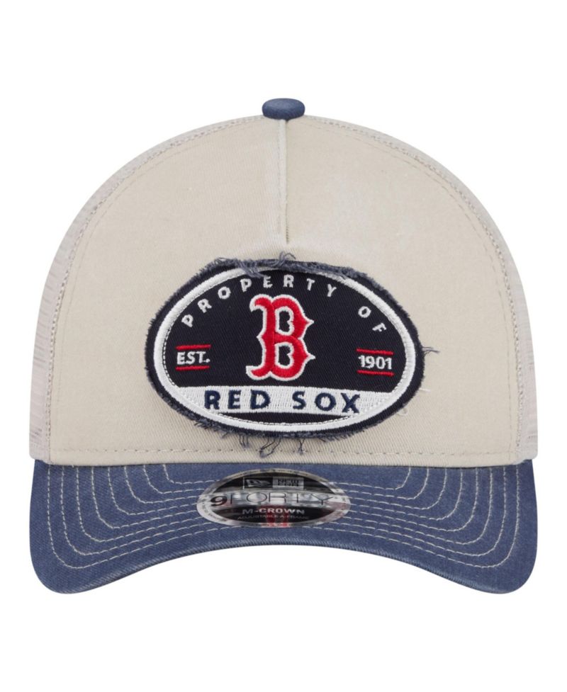 Men's Light Beige/Navy Boston Red Sox Frayed M-Crown A-Frame 9FORTY Trucker Adjustable Hat