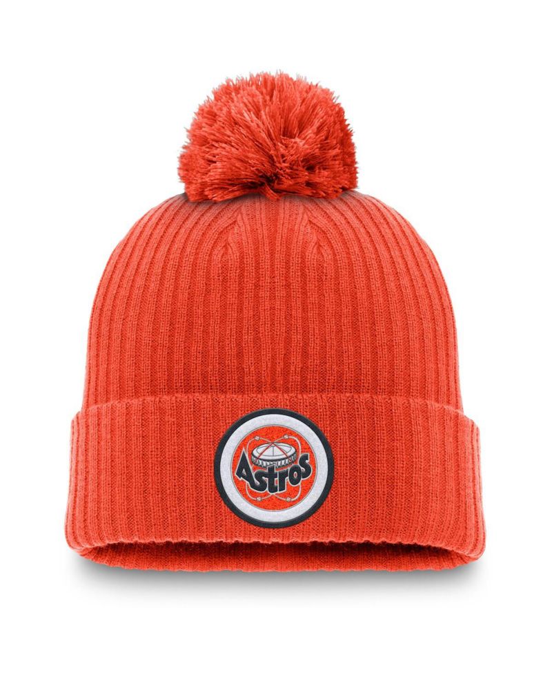 Men's Orange Houston Astros Cooperstown Collection Patch Cuffed with Pom Knit Hat