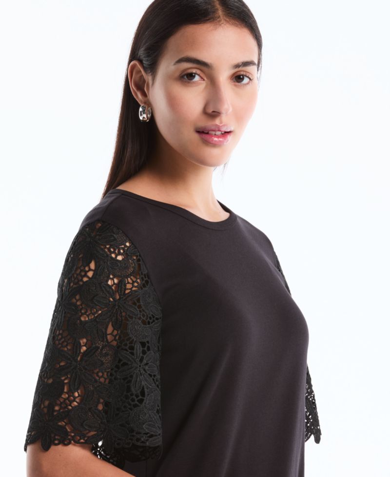 Petite Draped Lace Crew Neck Top