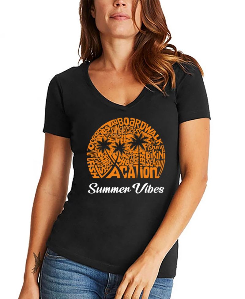 Women's Summer Vibes Word Art V-Neck T-shirt
