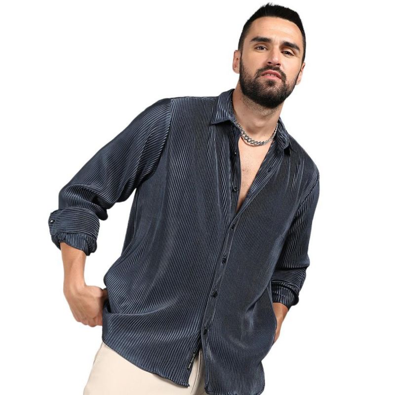 Men's Navy Blue Pleat-Creased Shirt