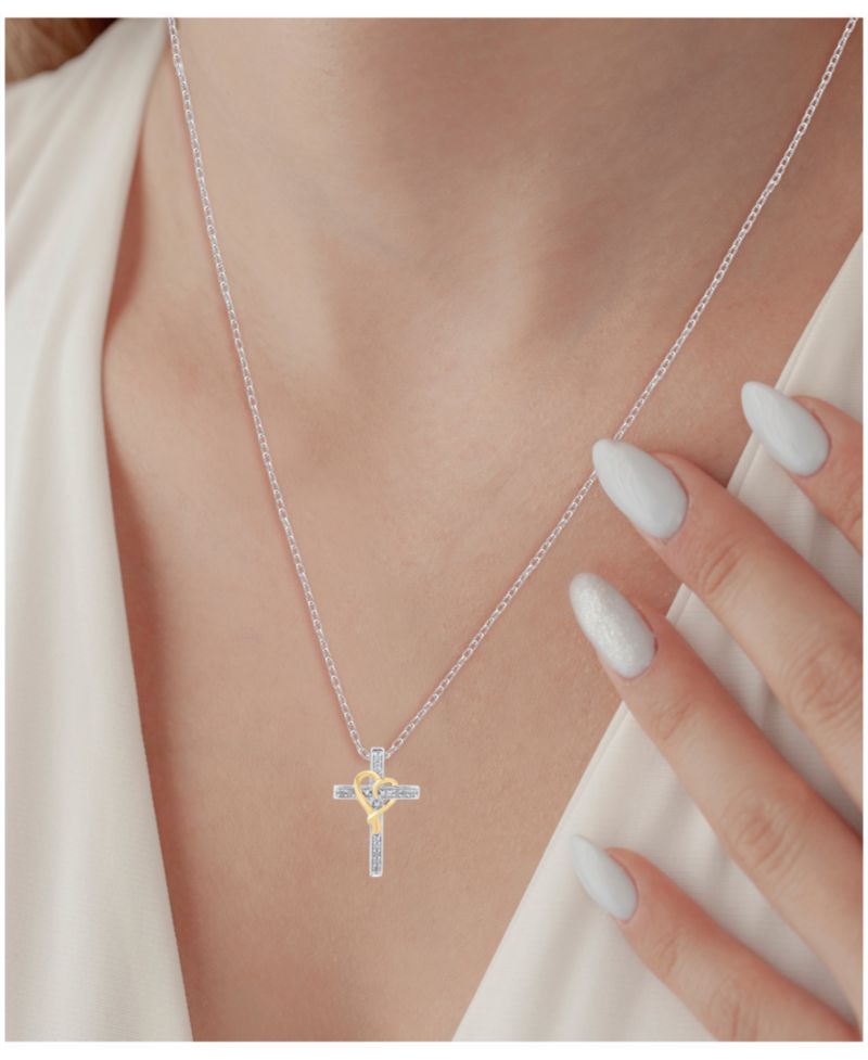 Diamond Cross & Heart 18" Pendant Necklace (1/10 ct. t.w.) in Sterling Silver & 14k Gold-Plate