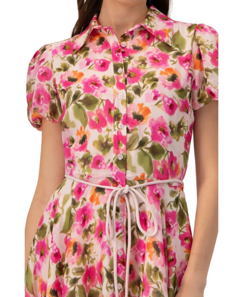 Women's Short Floral Shirt Dress with Waist Tie