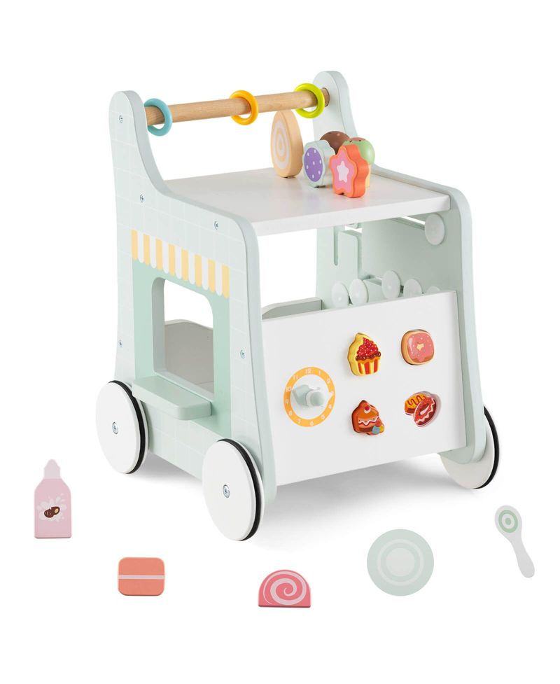 Wooden Baby Walker Ice Cream Cart Toy with Sweet Accessories & Smooth Wheels