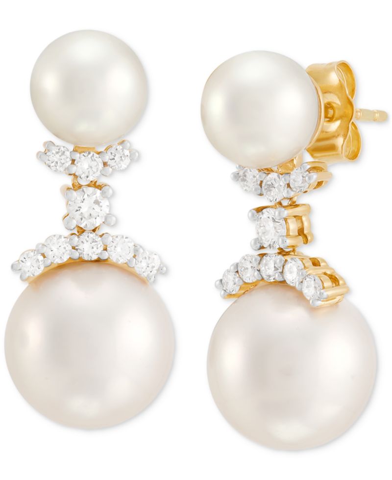 Cultured Freshwater Pearl (7 & 10-1/2mm) & Lab Grown Diamond (3/8 ct. t.w.) Double Drop Earrings in 14k Gold