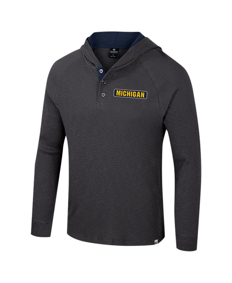 Men's Charcoal Michigan Wolverines Dujour Raglan Long Sleeve Henley Hoodie T-Shirt