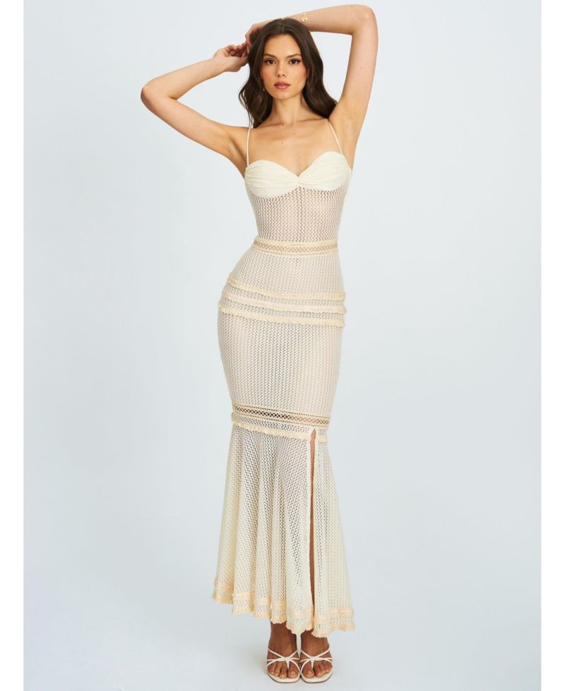 Women's Pallas Beige Lace Trim Crochet Mermaid Maxi Dress