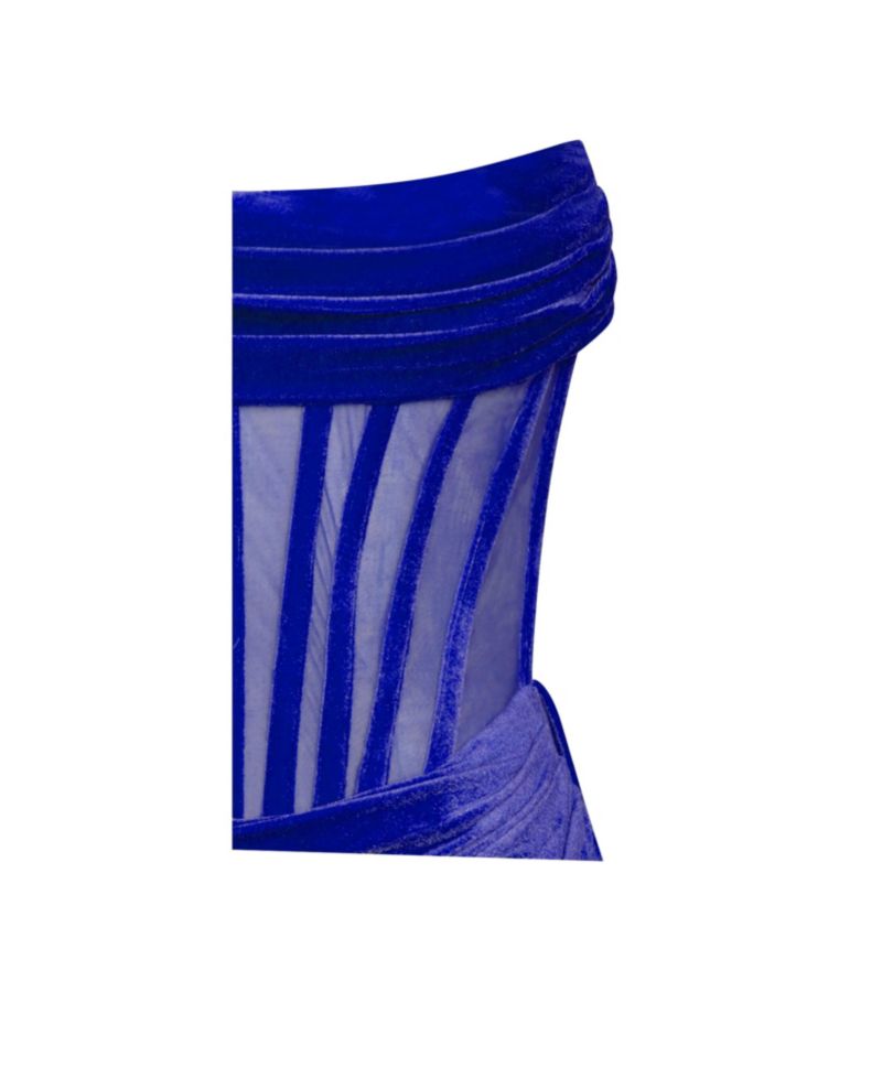 Women Priya Royal Blue Draping Corset High Slit Velvet Gown