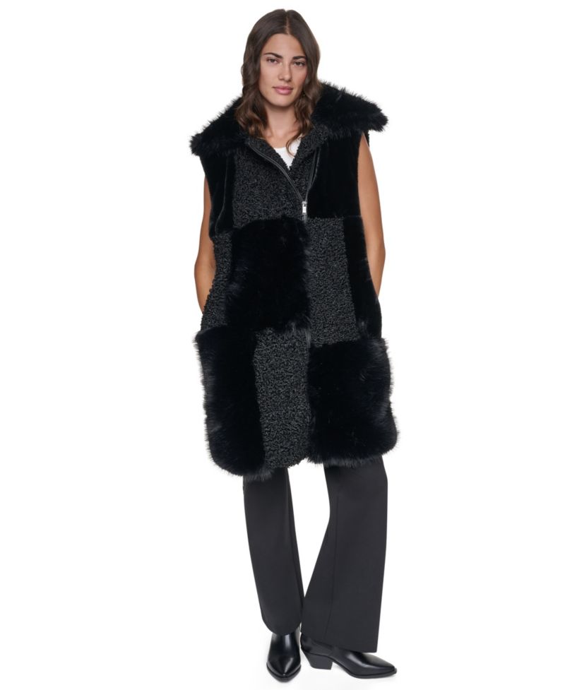 Women's Patch-Mix Mid-Length Collared Faux Fur Vest