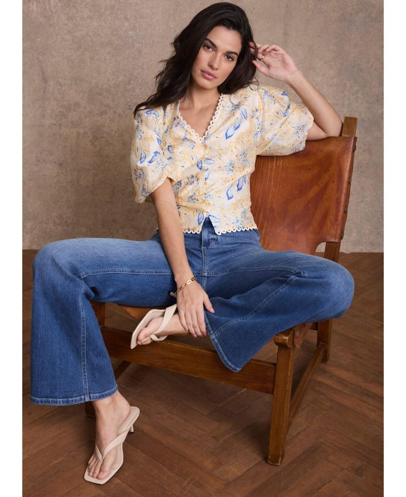 Women's Floral Puff-Sleeve Button-Front Lyocell-Blend Blouse