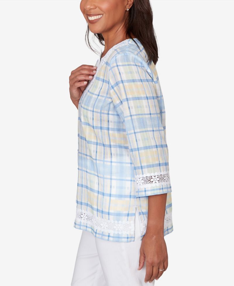 Plus Size Classic Plaid Embellished Lace Top