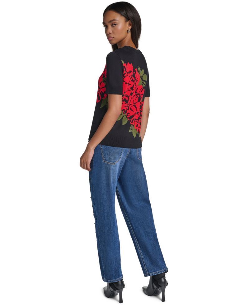 Petite Short-Sleeves Rose Floral Short-Sleeve Crewneck Sweater