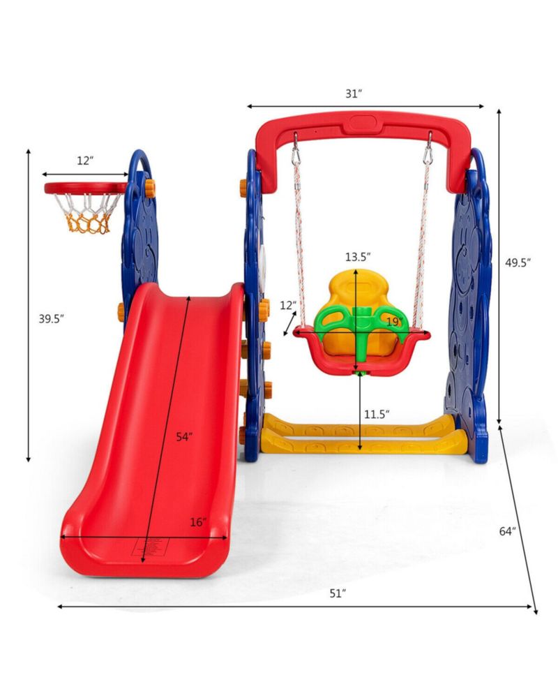 3 in 1 Toddler Climber and Swing Set Kid Climber Slide Playset w/Basketball Hoop