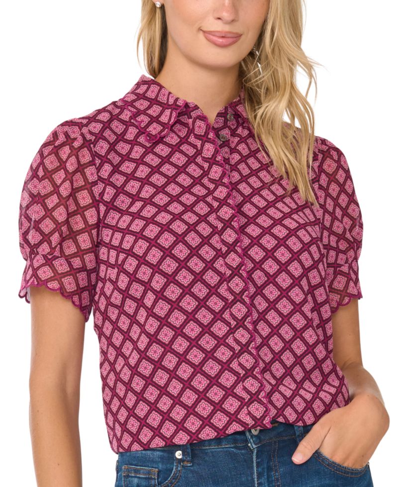 Women's Short-Sleeve Scallop Trim Button-Up Blouse