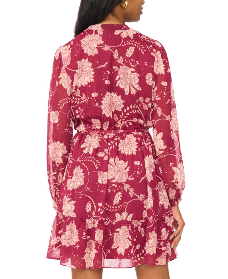 Petite Long-Sleeve Floral-Print Belted Chiffon Shirt Dress