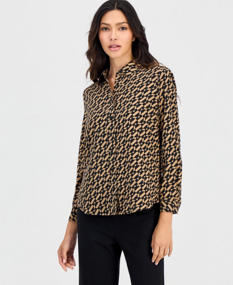 Petite Printed Button-Front Long-Sleeve Blouse