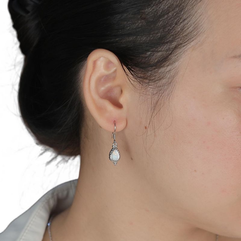 Vintage Style White Opal Teardrop Earrings .925 Sterling Silver Fish Hook