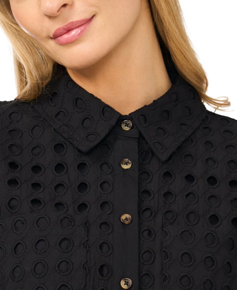 Women's Short Sleeve Eyelet Button-Down Top