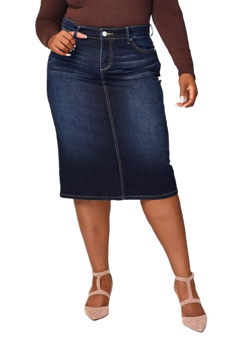 Women's Denim Midi Skirt in 28"length with side vents - Emma