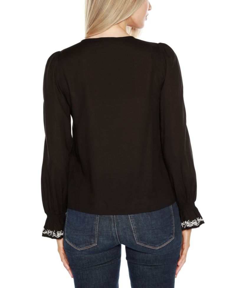 Black Label Women’s Tie-Neck Embroidered-Front Blouse Top